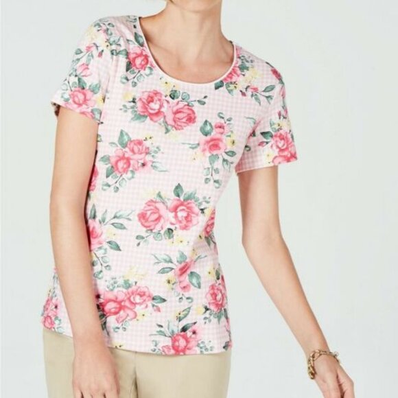 Tops - Karen Scott women L pink floral gingham t-shirt cotton knit top short sleeve